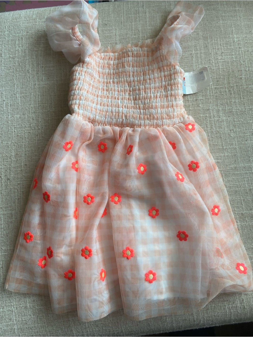Cat & Jack Peach Gingham Dress with Neon Floral Accents